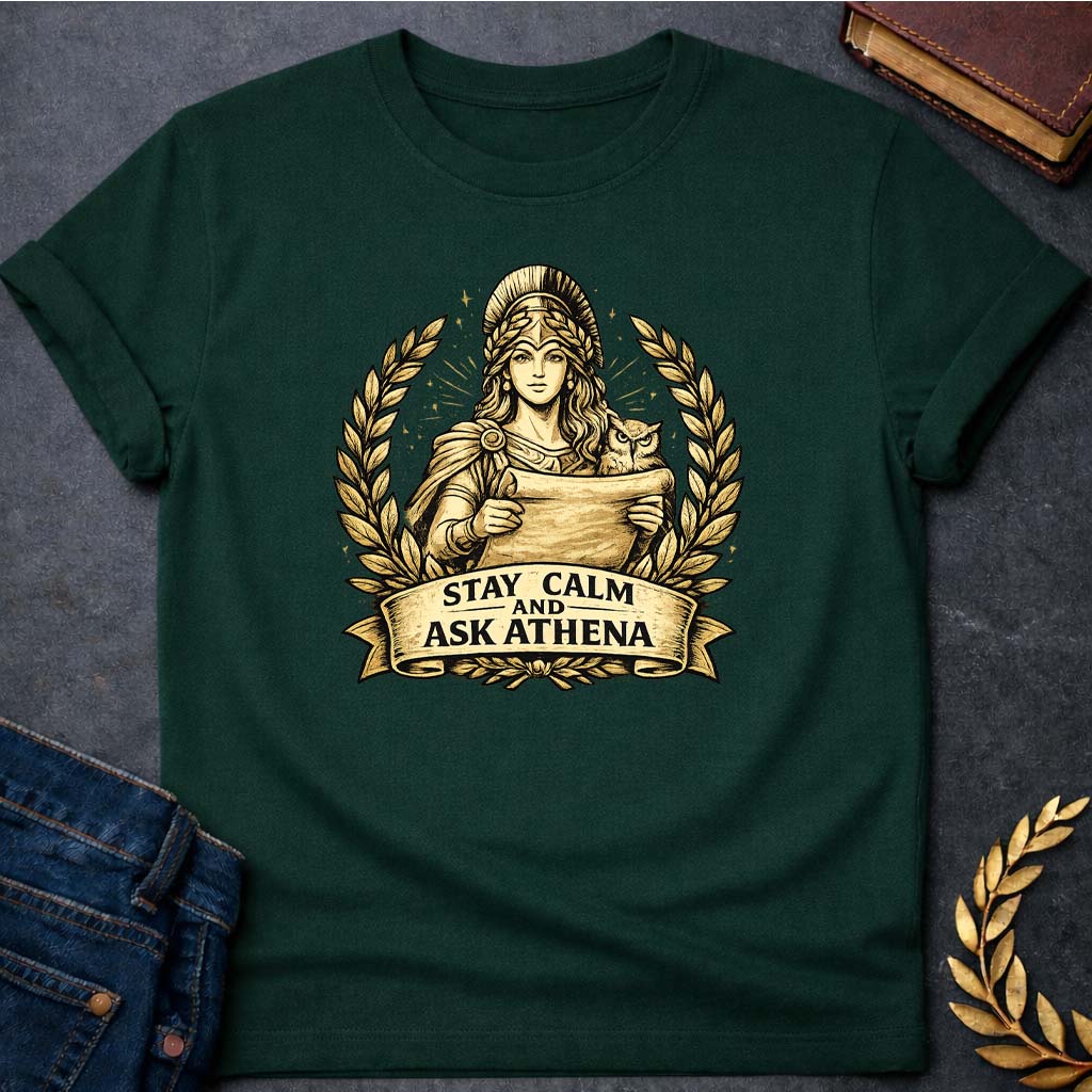 athena stay calm and ask athena greek mythology adult t shirt featuring owl, laurel wreath, wisdom symbolism in vintage Greek mythology design