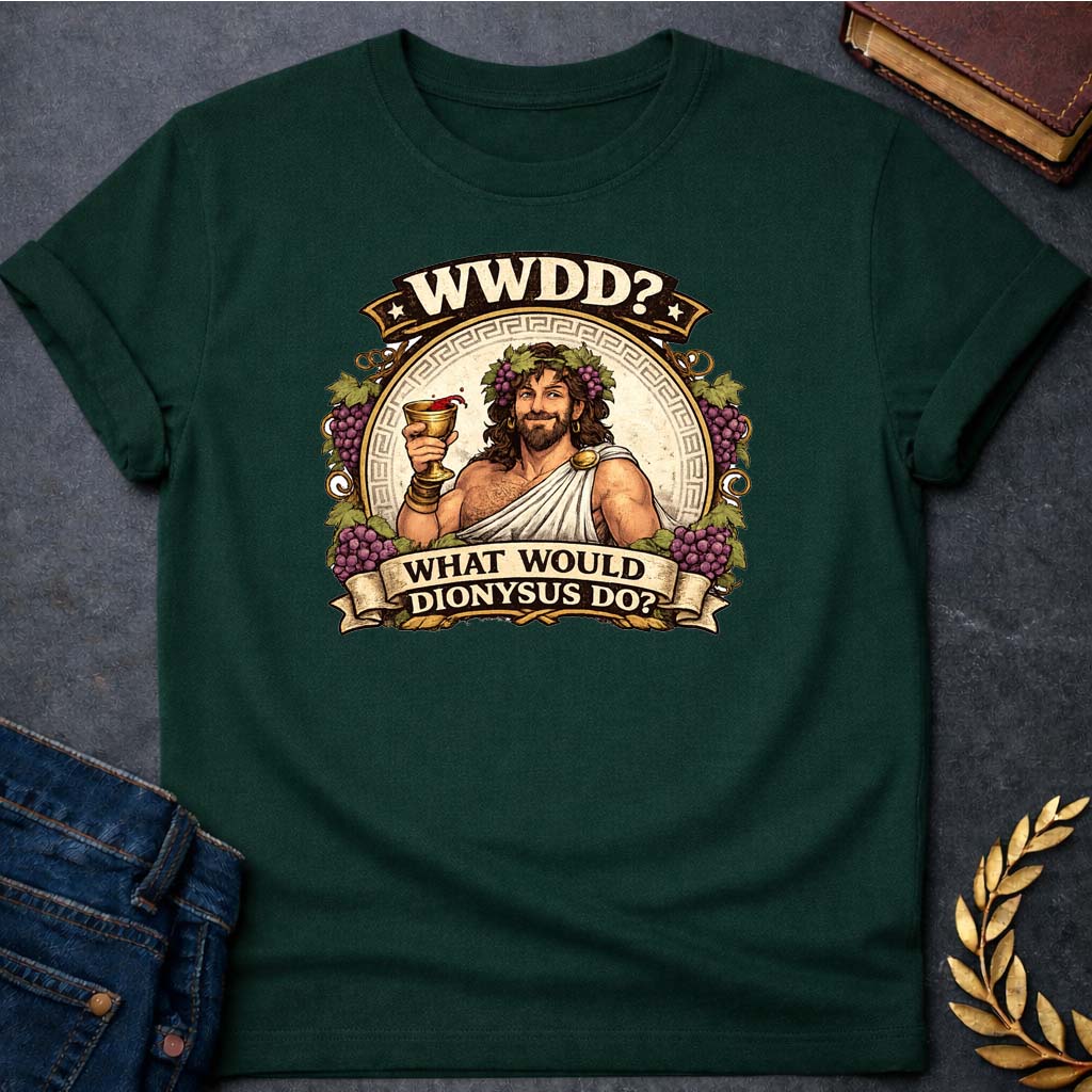 dionysus what would dionysus do greek mythology adult t shirt featuring detailed Greek mythology artwork, symbolic design, and bold graphic style