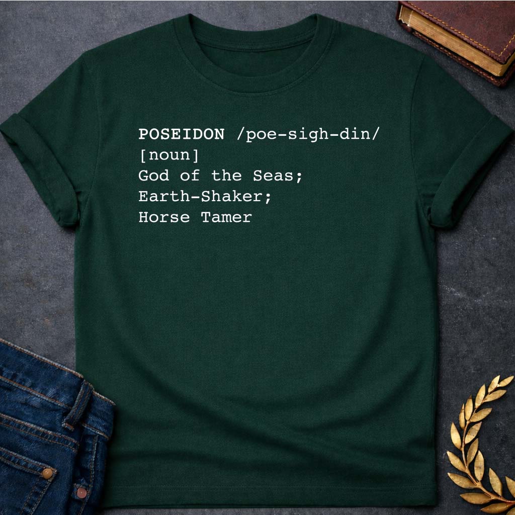 poseidon dictionary definition greek mythology unisex softstyle adult t shirt featuring trident, ocean waves, sea god symbolism in Greek mythology design