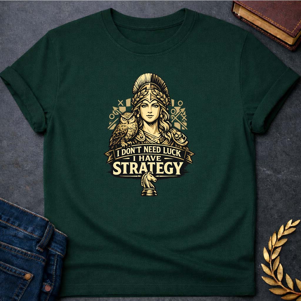 athena i dont need luck i have strategy greek mythology adult t shirt featuring owl, laurel wreath, wisdom symbolism in vintage Greek mythology design