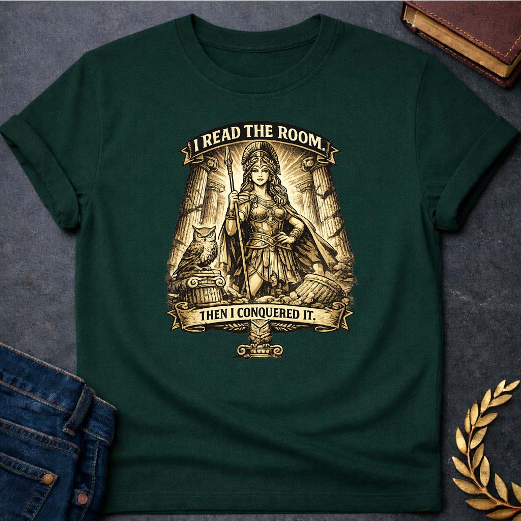 athena i read the room then i conquered it greek mythology adult t shirt featuring owl, laurel wreath, wisdom symbolism in vintage Greek mythology design