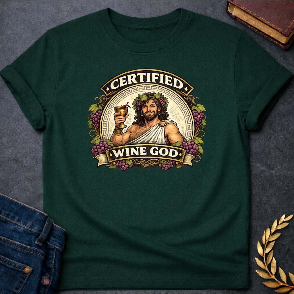 dionysus certified wine god greek mythology adult t shirt featuring detailed Greek mythology artwork, symbolic design, and bold graphic style