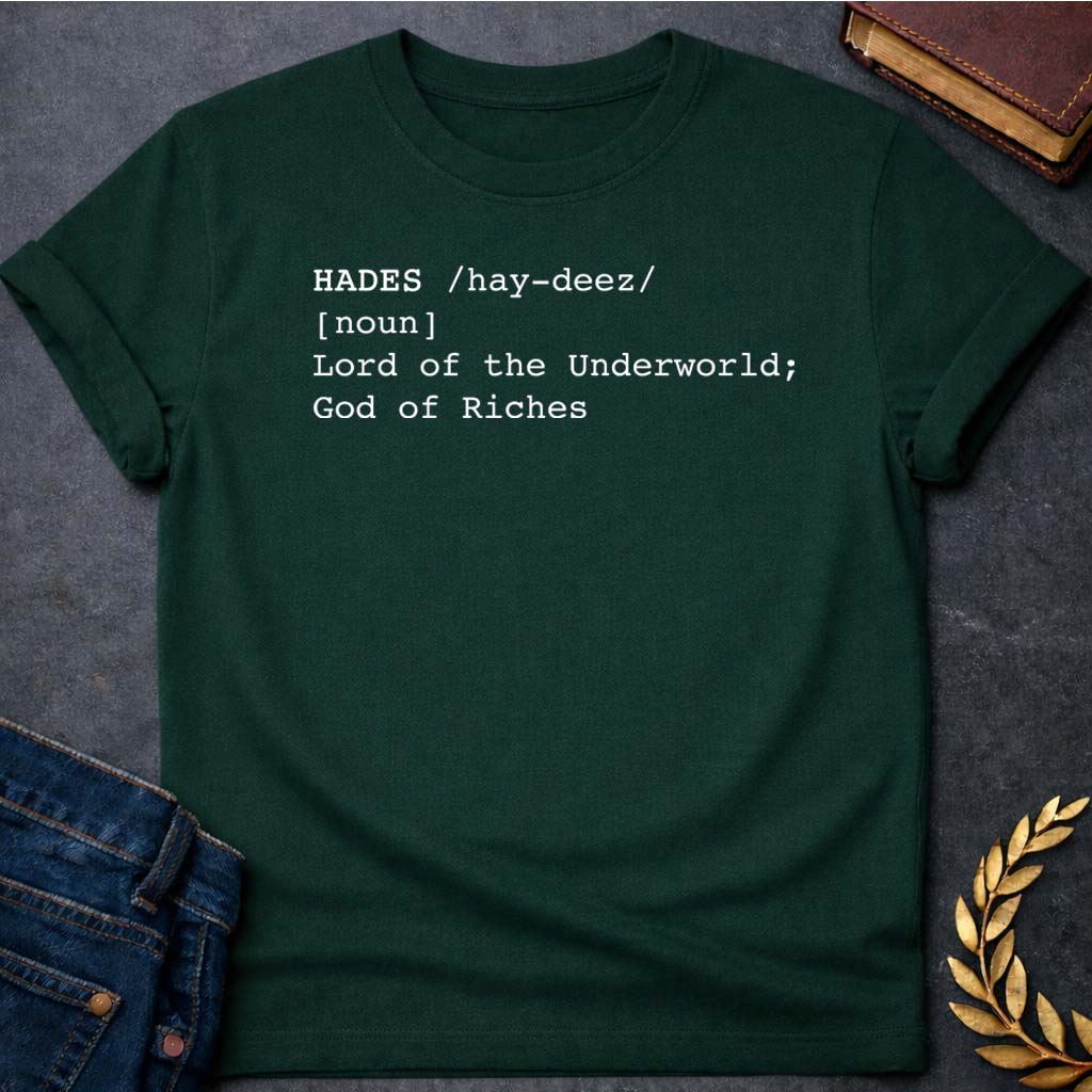 hades dictionary definition greek mythology unisex softstyle adult t shirt featuring underworld king, skull motifs, dark Greek mythology design