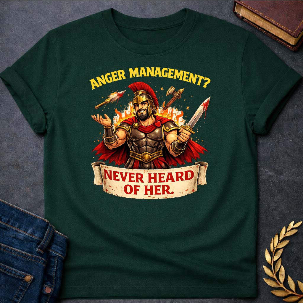 ares anger management never heard of her greek mythology unisex softstyle adult t shirt featuring warrior armor, battle symbolism, god of war Greek mythology design