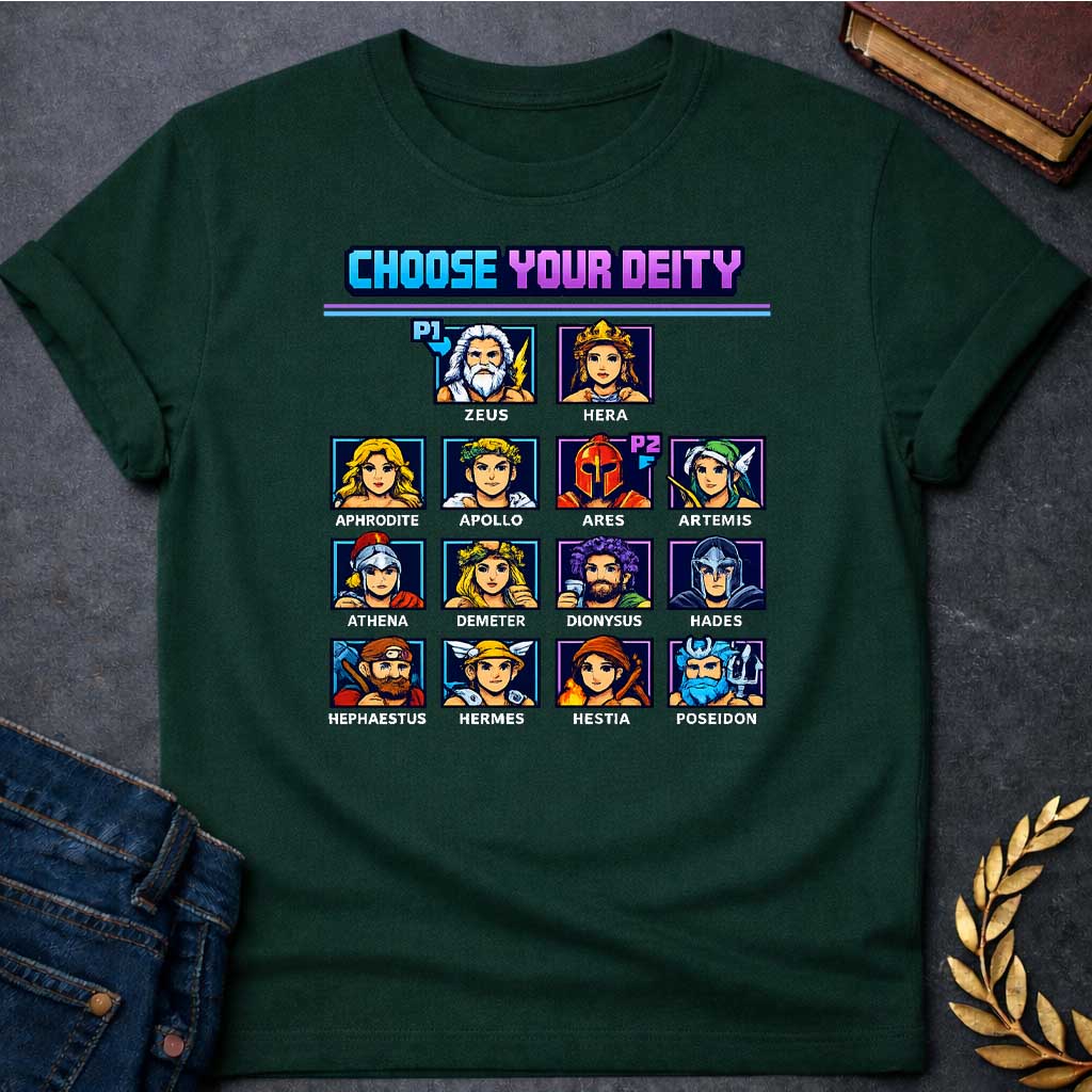 the olympians choose your deity greek mythology adult t shirt featuring detailed Greek mythology artwork, symbolic design, and bold graphic style
