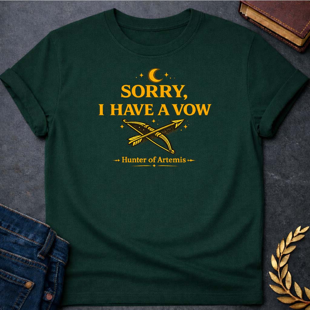 artemis sorry i have a vow mythology adult t shirt featuring detailed Greek mythology artwork, symbolic design, and bold graphic style