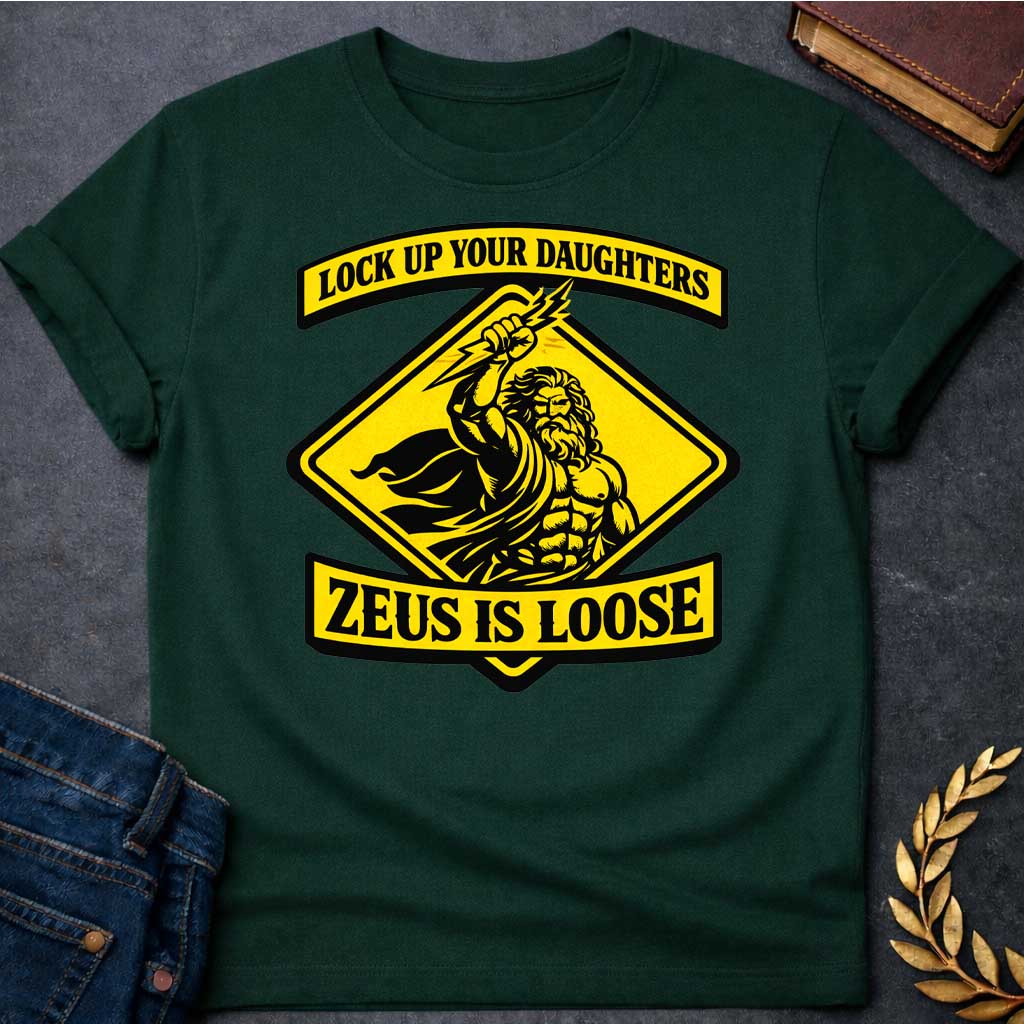 zeus lock up your daughters greek mythology adult t shirt featuring lightning bolt, sky god power symbolism in bold Greek mythology design