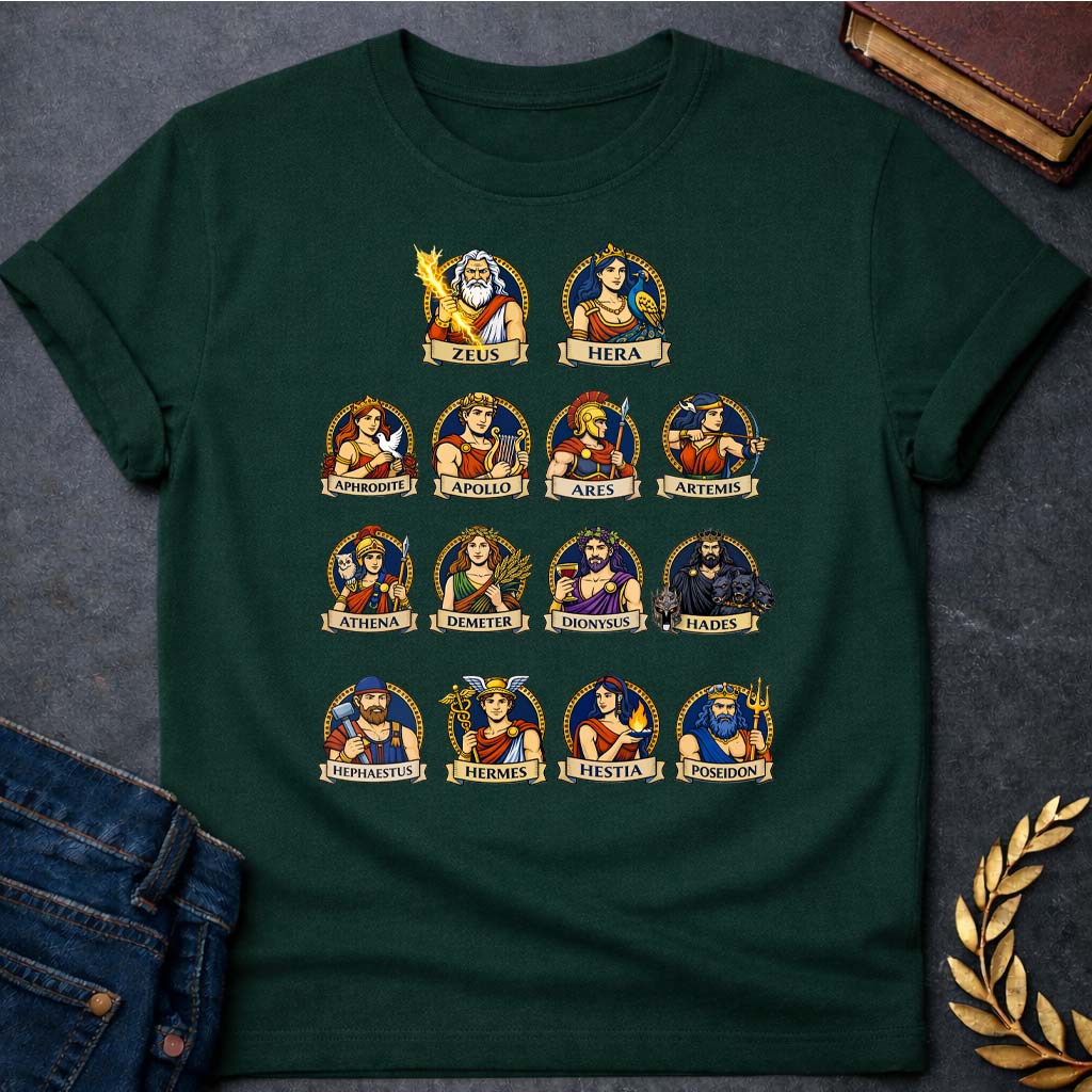 the olympians portraits greek mythology adult t shirt featuring detailed Greek mythology artwork, symbolic design, and bold graphic style