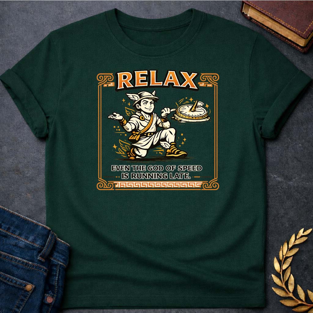 hermes relax even the god of speed is running late greek mythology adult t shirt featuring detailed Greek mythology artwork, symbolic design, and bold graphic style