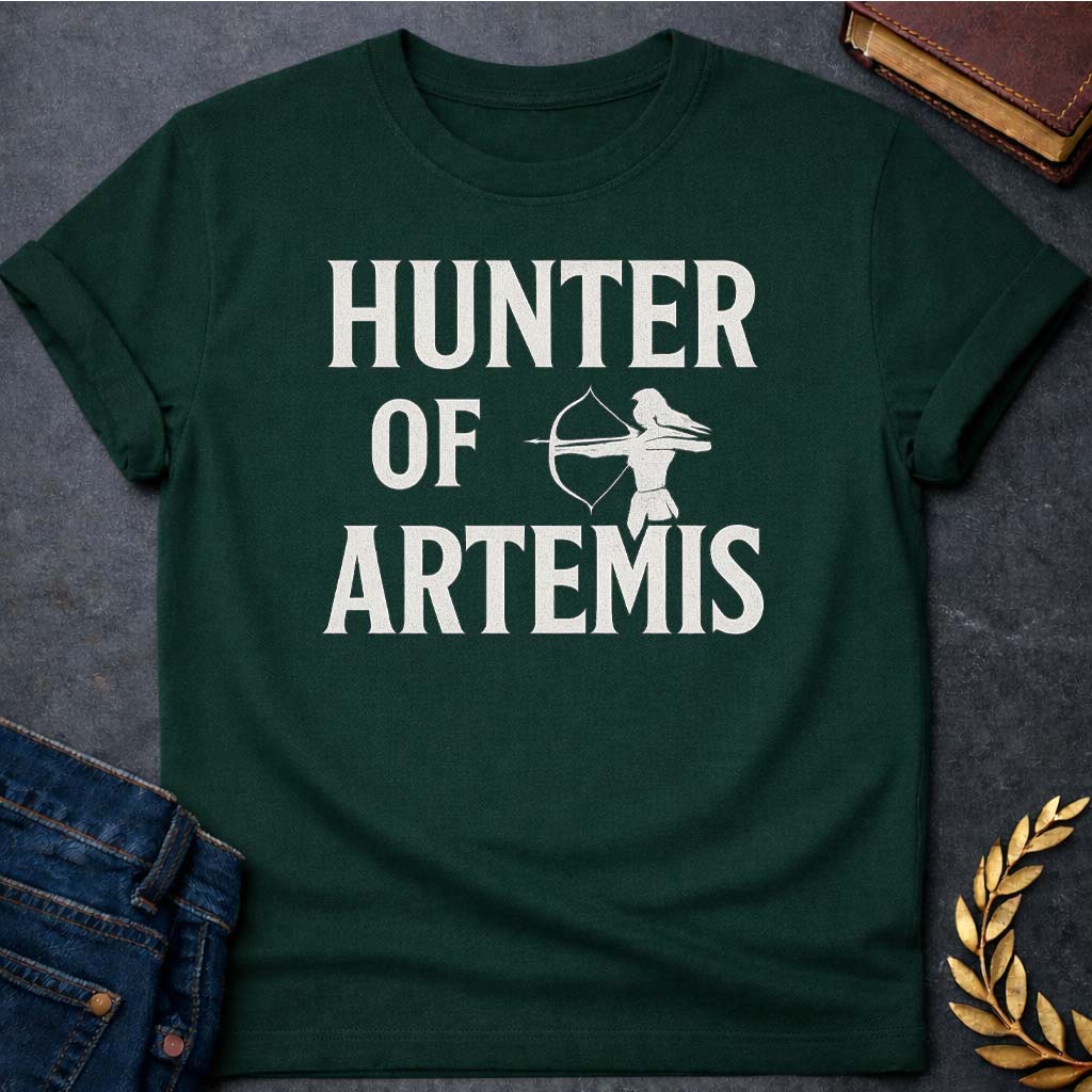 hunter of artemis greek mythology adult t shirt featuring detailed Greek mythology artwork, symbolic design, and bold graphic style