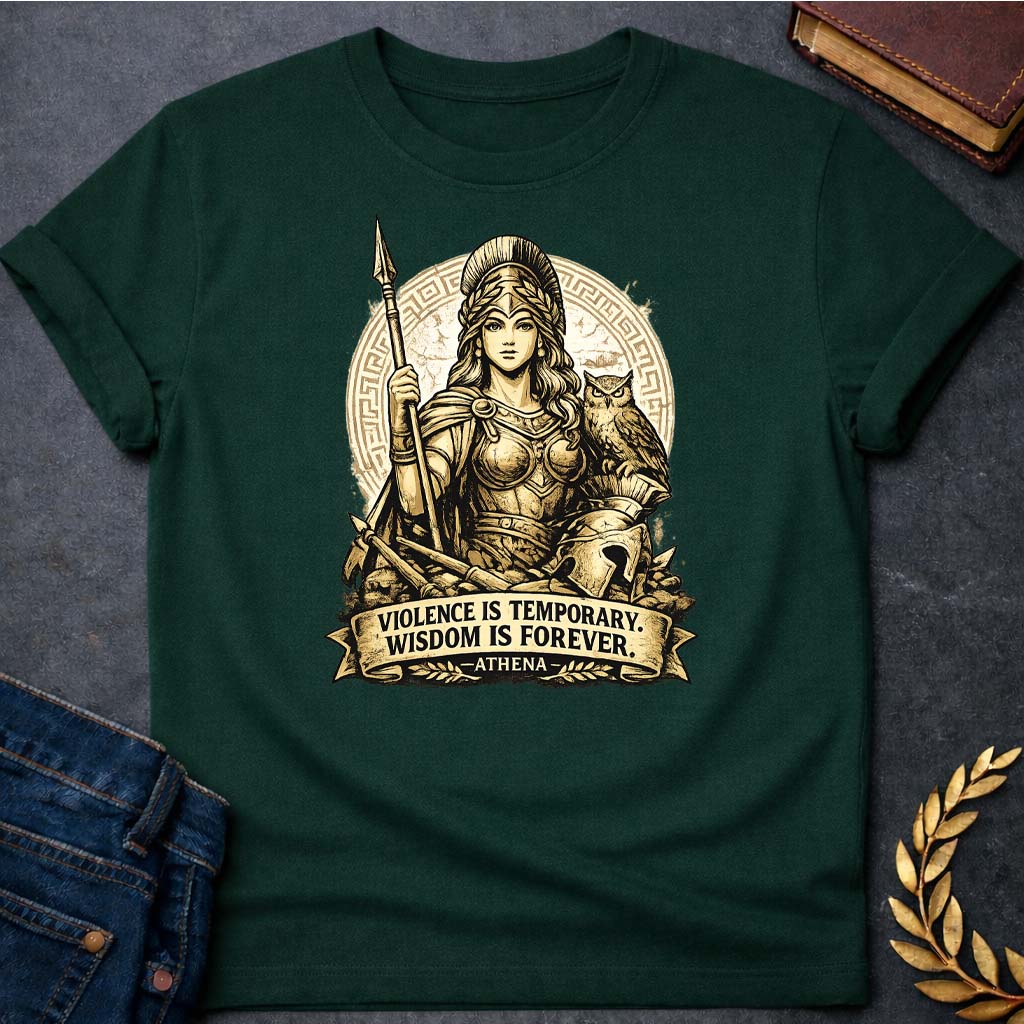 athena violence is temporary wisdom is forever greek mythology adult t shirt featuring owl, laurel wreath, wisdom symbolism in vintage Greek mythology design