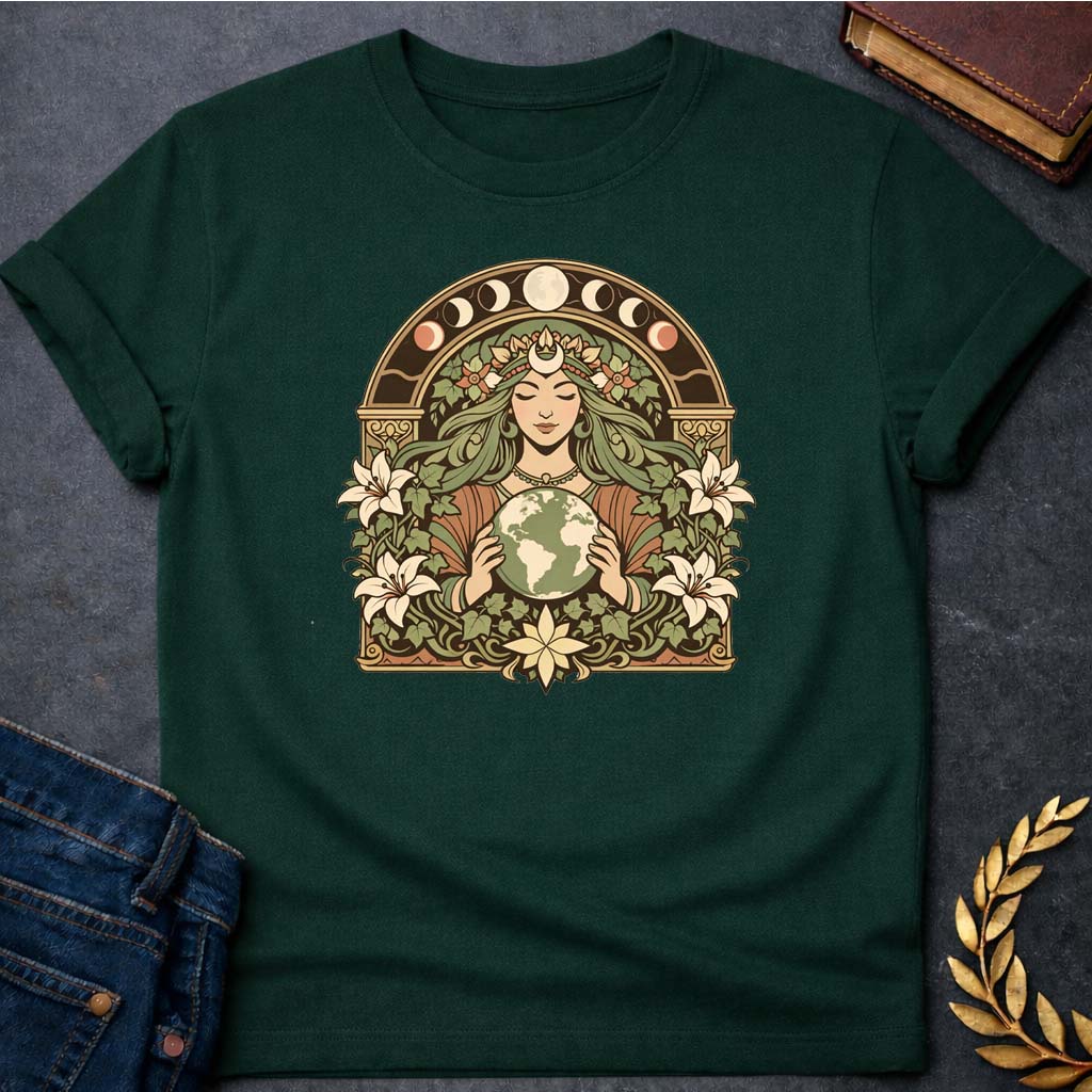 gaia earth goddess greek mythology adult shirt featuring detailed Greek mythology artwork, symbolic design, and bold graphic style