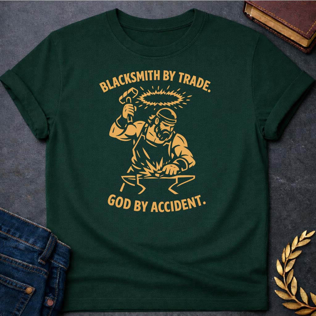 hephaestus blacksmith by trade god by accident greek mythology adult t shirt 1 featuring blacksmith hammer, forge sparks, fire god symbolism in industrial mythology design