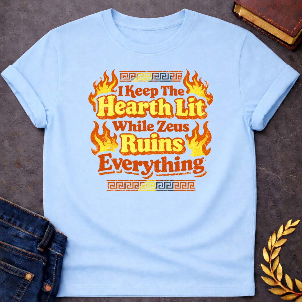 hestia i keep the hearth lit greek mythology youth t shirt featuring detailed Greek mythology artwork, symbolic design, and bold graphic style