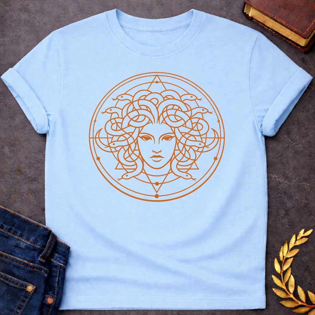 medusa minimalist style greek mythology youth shirt featuring detailed Greek mythology artwork, symbolic design, and bold graphic style