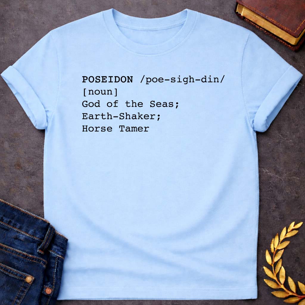 poseidon dictionary definition greek mythology youth heavy cotton™ tee featuring trident, ocean waves, sea god symbolism in Greek mythology design