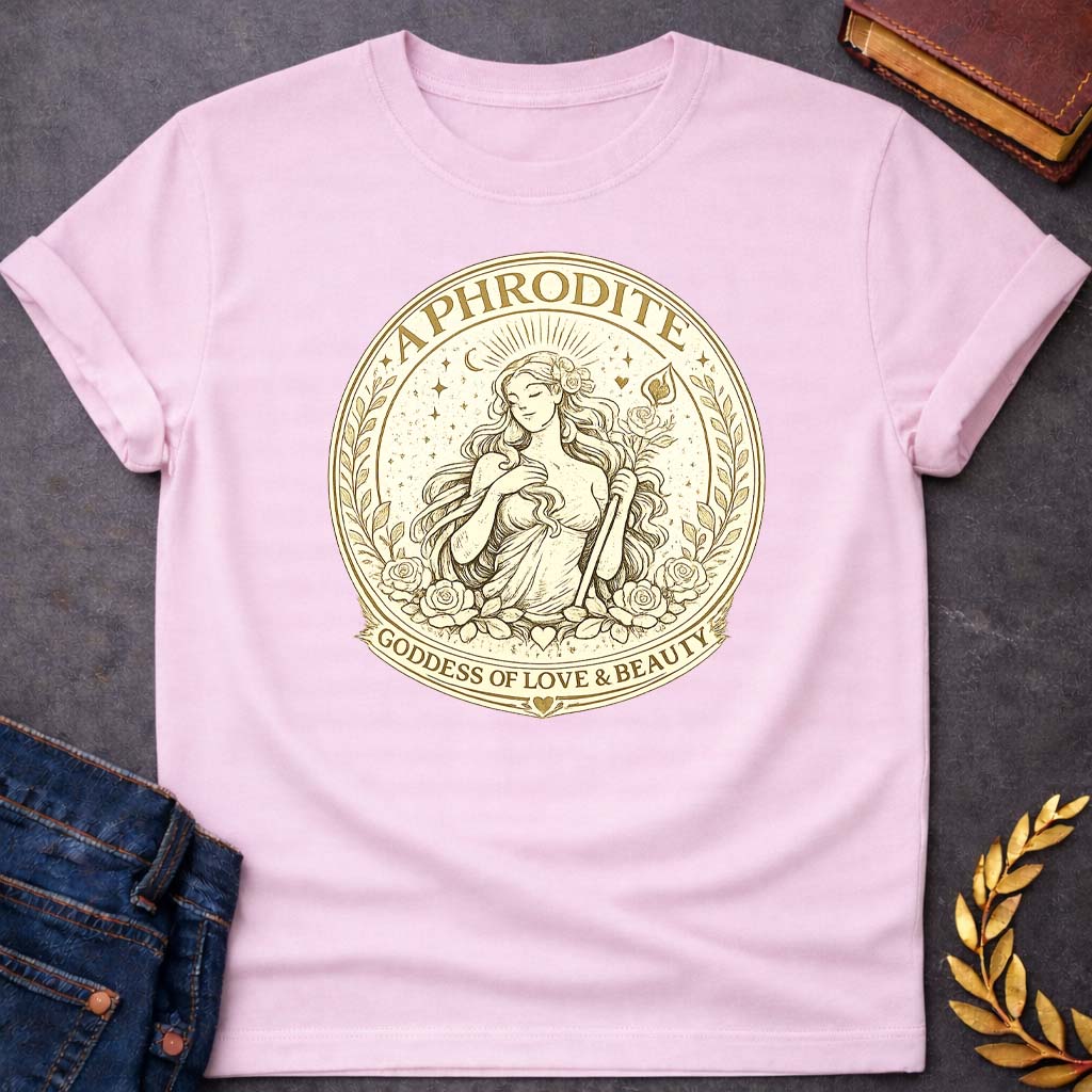 aphrodite goddess of love beauty greek mythology youth heavy cotton™ tee featuring detailed Greek mythology artwork, symbolic design, and bold graphic style