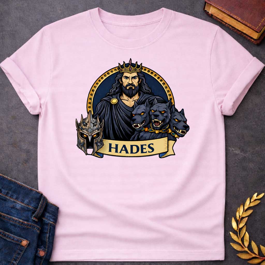 Light Pink T-shirt graphic featuring a vibrant illustrated portrait of Hades, the Greek God of the Underworld, with long dark wavy hair and a beard, piercing blue eyes, wearing a dark hooded cloak fastened with a gold brooch and a jeweled gold crown. He is flanked by the three snarling heads of Cerberus wearing a gold and gemstone collar, with a dark battle helmet displayed to the left. He is framed within a gold circular border against a navy background, with a scroll banner below reading "Hades," in a bol