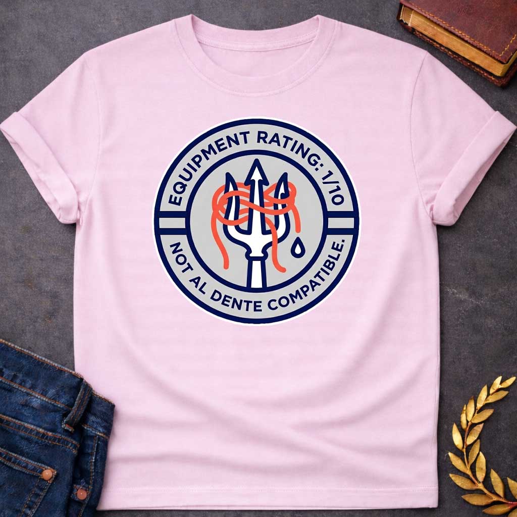 Light Pink T-Shirt A circular patch-style graphic design. The design features a light gray inner circle surrounded by a thick navy blue border.  In the center, a white trident outlined in navy blue has a tangle of bright orange spaghetti coiled around its tines. A single blue water droplet sits to the right of the trident's handle.  The top half of the navy border contains the white text: "EQUIPMENT RATING: 1/10".  The bottom half of the border contains the white text: "NOT AL DENTE COMPATIBLE."  The entire