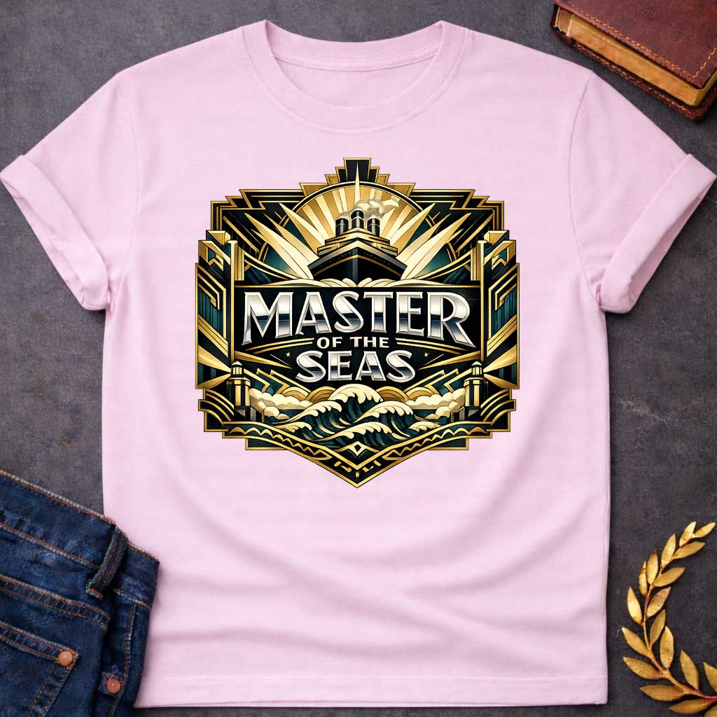 Light Pink T-shirt graphic featuring a lavish Art Deco shield-shaped badge design in dark teal, gold, and silver. A ocean liner ship emerges from sunburst rays at the top, above bold silver chrome text reading "Master of the Seas" centered on a dark background, with stylized crashing gold and teal waves below and ornate geometric architectural columns flanking the sides — referencing Poseidon, the Greek God of the Sea