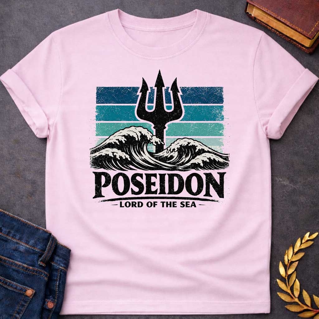 Light Pink T-Shirt A vintage-style graphic shirt design.  The central image features a distressed, black silhouette of a trident rising from the center of crashing, white-capped ocean waves. Behind the trident is a square background made of horizontal stripes in shades of blue, teal, and light seafoam, all with a heavily weathered and grainy texture. Below the waves, the name "POSEIDON" is written in large, bold, black distressed block letters. Underneath the name, the title "— LORD OF THE SEA —" is display