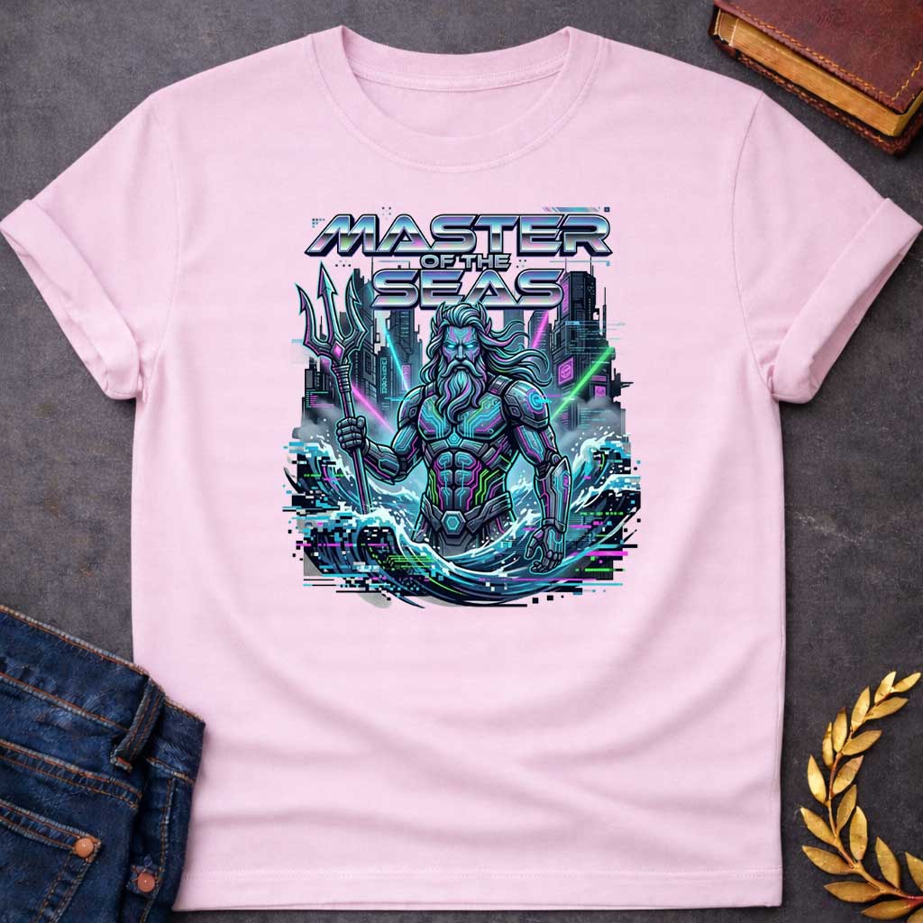 Light Pink T-shirt graphic featuring a cyberpunk reimagining of Poseidon, the Greek God of the Sea, depicted as a powerful bearded figure in glowing neon-lit futuristic armor with circuit board detailing, wielding a high-tech trident, rising from crashing waves against a dark dystopian cityscape backdrop with glitch effects and pixel artifacts. Bold chrome holographic text arched above reads "Master of the Seas" in a retro-futuristic font, rendered in neon teal, purple, and green tones