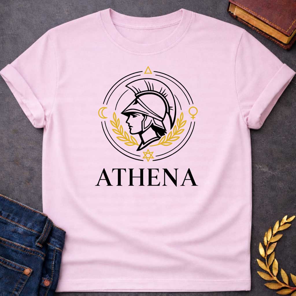 athena minimalist style greek mythology youth shirt featuring owl, laurel wreath, wisdom symbolism in vintage Greek mythology design