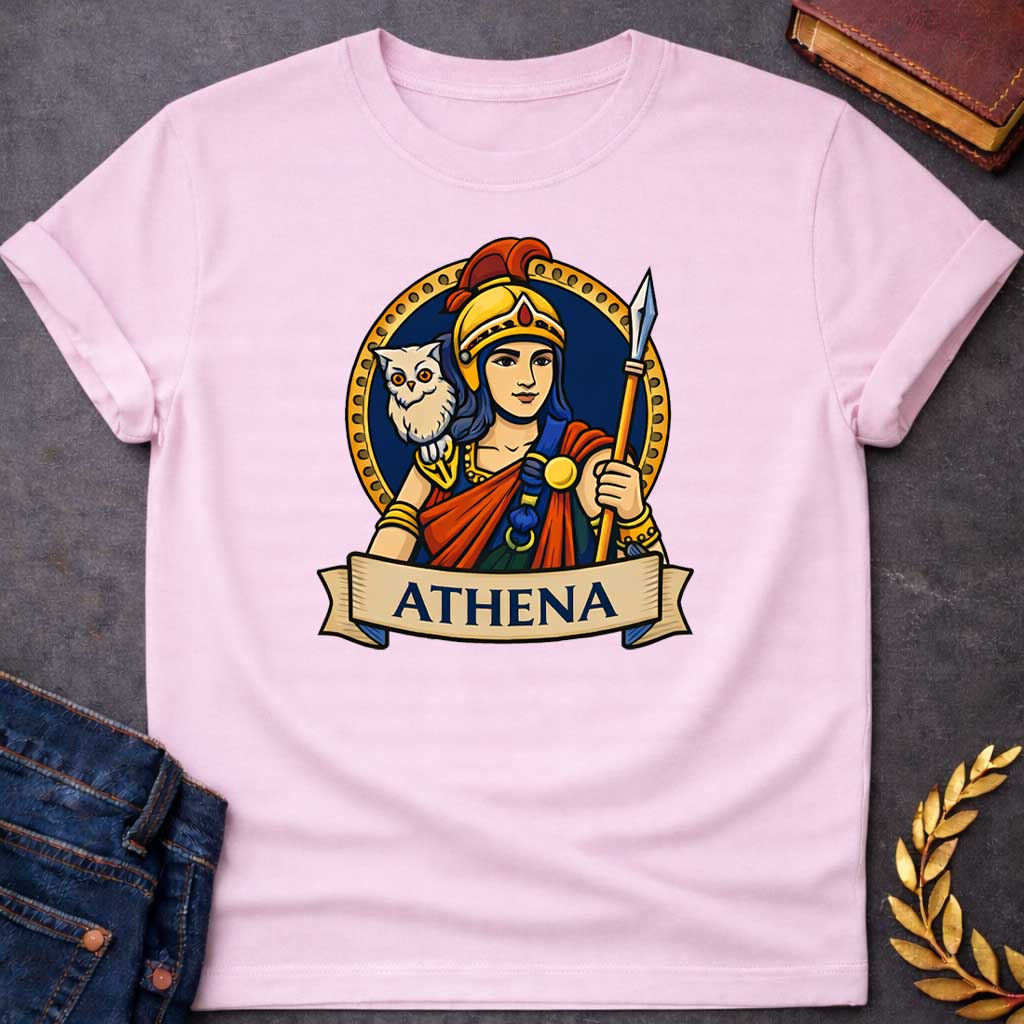 Light Pink unisex t-shirt laid flat, featuring a colorful Greek mythology badge graphic of Athena in a golden helmet holding a spear, with a white owl on her shoulder, above a banner reading "ATHENA"