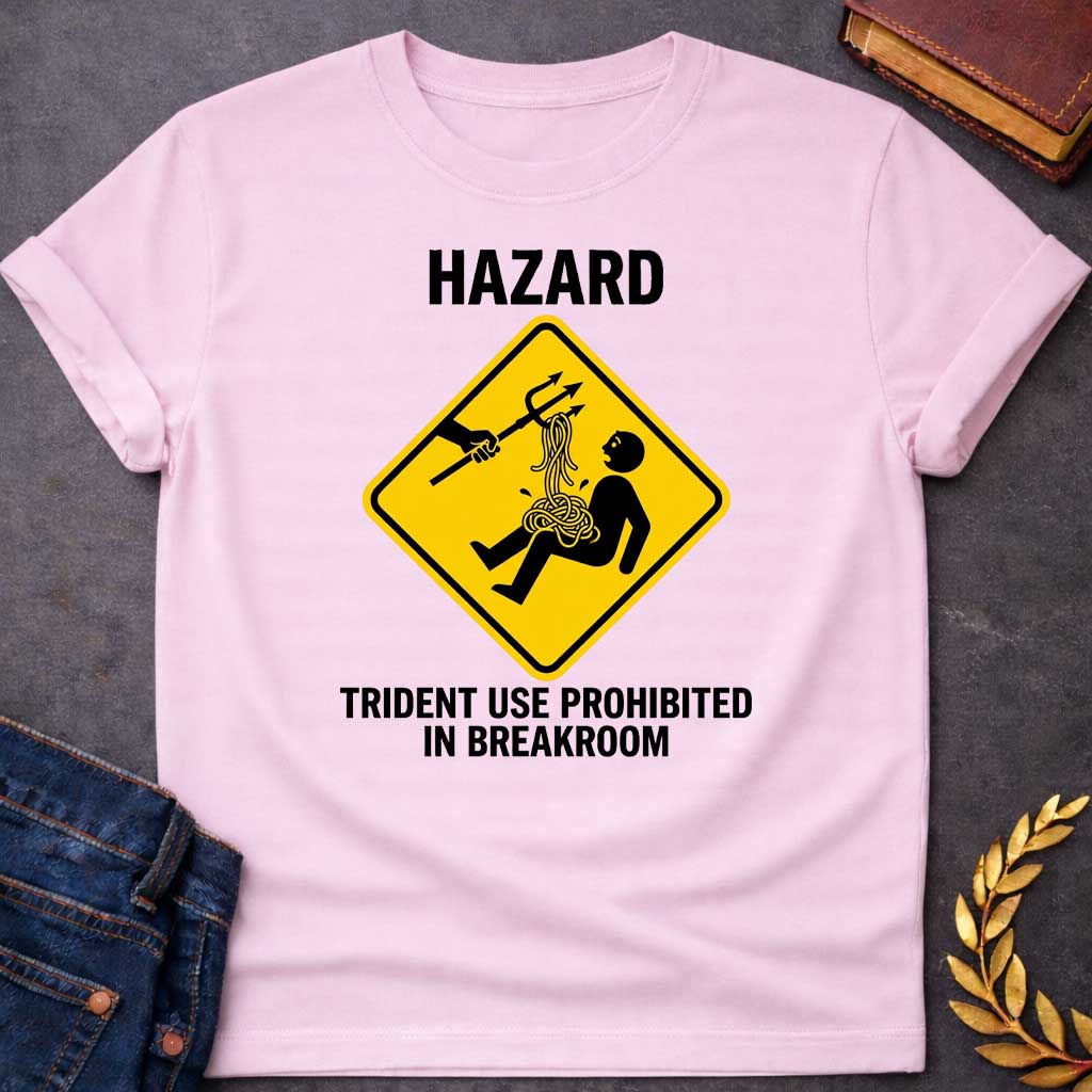 Light Pink T-Shirt with a humorous design featuring a bold, yellow, diamond-shaped warning sign. Inside the sign, a stick figure falls backward, looking shocked as a pile of tangled yellow spaghetti spills from their chest and stomach. Above them, an outstretched black silhouette of a hand holds a trident, which has a forkful of the spaghetti tangled in its tines, appearing to have just pulled the pasta away. Above the sign, the word "HAZARD" is printed in large, black, block letters. Below the sign, the te