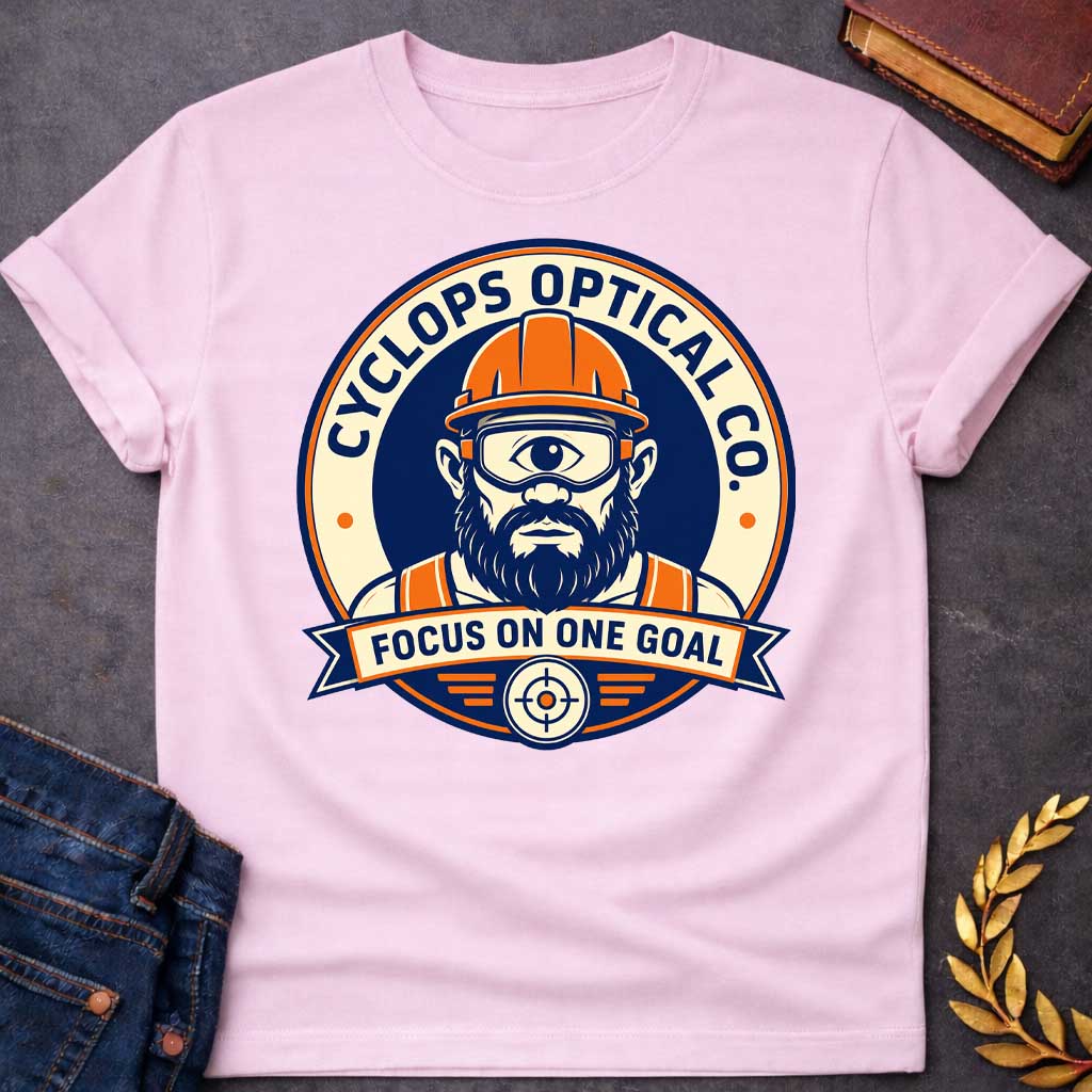 Light Pink T-shirt with a Professional emblem of Cyclops Optical Co. featuring a bearded cyclops construction worker wearing an orange hard hat and safety goggles. The single large eye peers forward with focused intensity. The character wears an orange and navy safety vest. Text reads 'Cyclops Optical Co.' around the rim and 'Focus on One Goal' on a banner below. A crosshair with wings anchors the bottom. Navy, orange, and cream color scheme. Clever pun blending mythology with workplace safety culture.