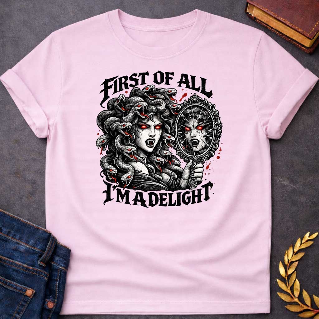 medusa first of all im a delight streetwear style greek mythology youth shirt featuring detailed Greek mythology artwork, symbolic design, and bold graphic style