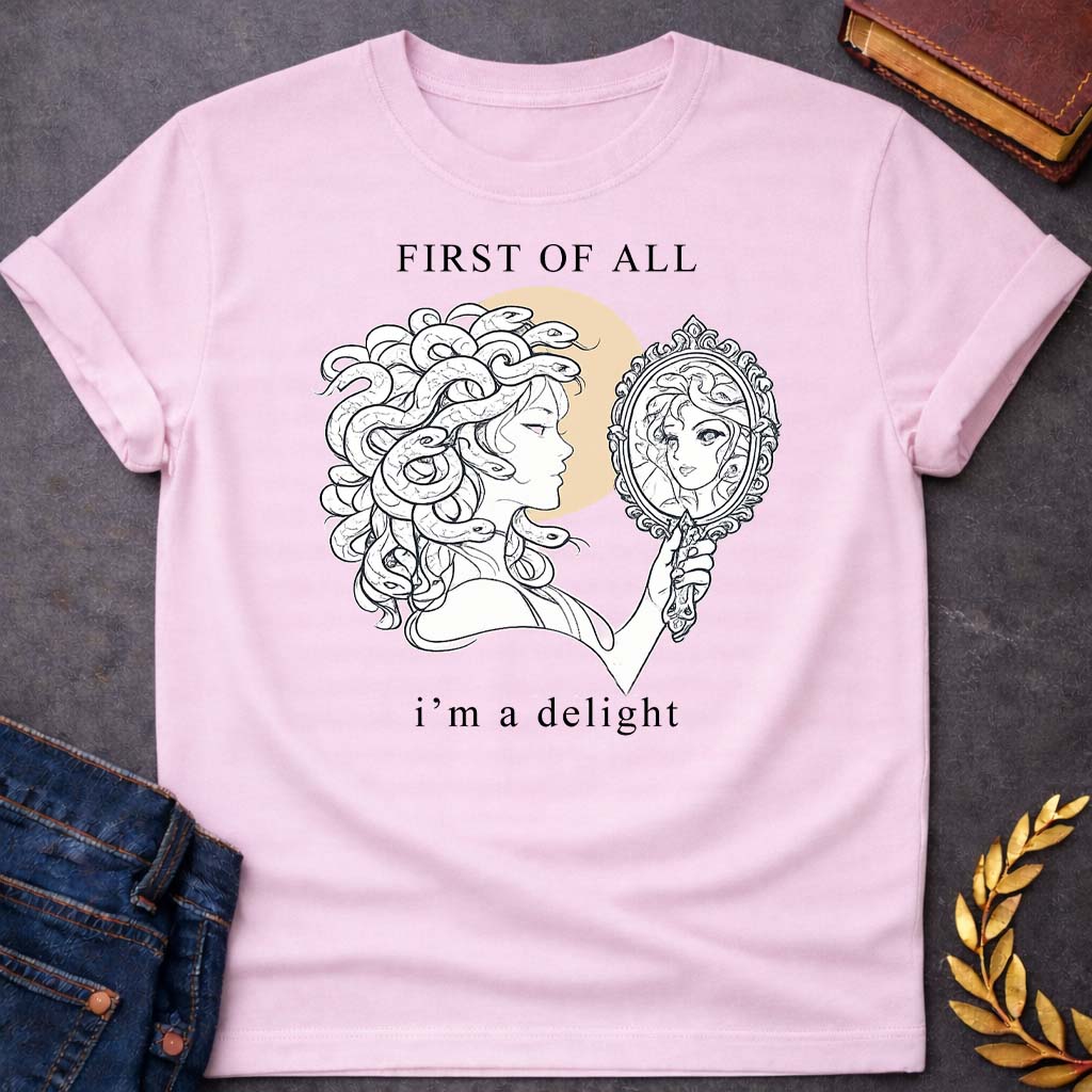 medusa first of all im a delight minimalist style greek mythology youth shirt featuring detailed Greek mythology artwork, symbolic design, and bold graphic style