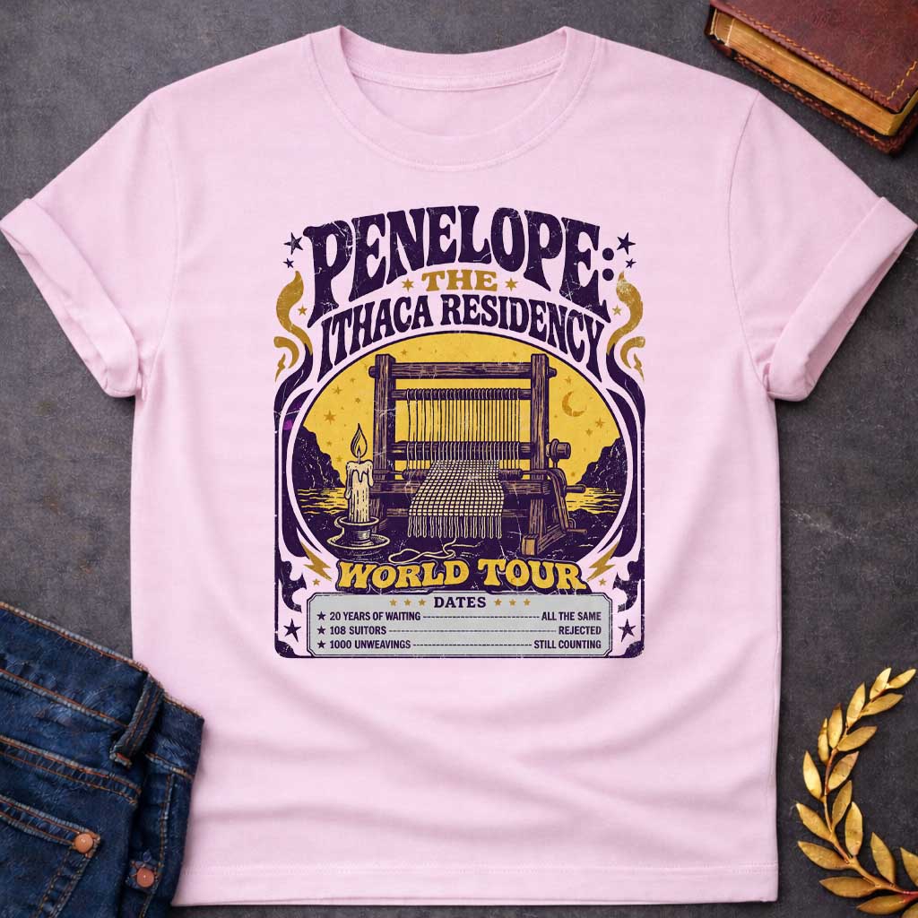 Light Pink T-Shirt with a vintage concert poster parody in purple and gold featuring Penelope's loom. Text reads 'PENELOPE: THE ITHACA RESIDENCY' and 'WORLD TOUR' in distressed lettering. Central image shows a wooden loom with candle against a golden circular backdrop with cypress trees. Humorous tour dates list: '20 YEARS OF WAITING - ALL THE SAME', '108 SUITORS - REJECTED', '1000 UNWEAVINGS - STILL COUNTING.' Art Nouveau-style design with decorative flourishes references Penelope's faithful waiting