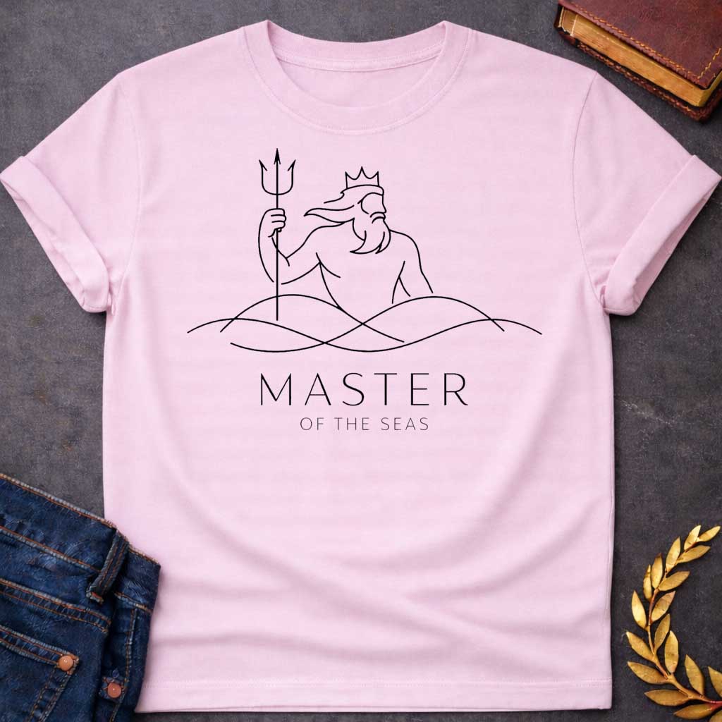 Light Pink T-shirt graphic in black text featuring an elegant single-line art illustration of Poseidon wearing a crown, rising from stylized ocean waves while holding a trident, with refined spaced uppercase text below reading "MASTER" and smaller black text underneath reading "OF THE SEAS" — referencing Poseidon, the Greek God of the Sea, in a modern minimalist style