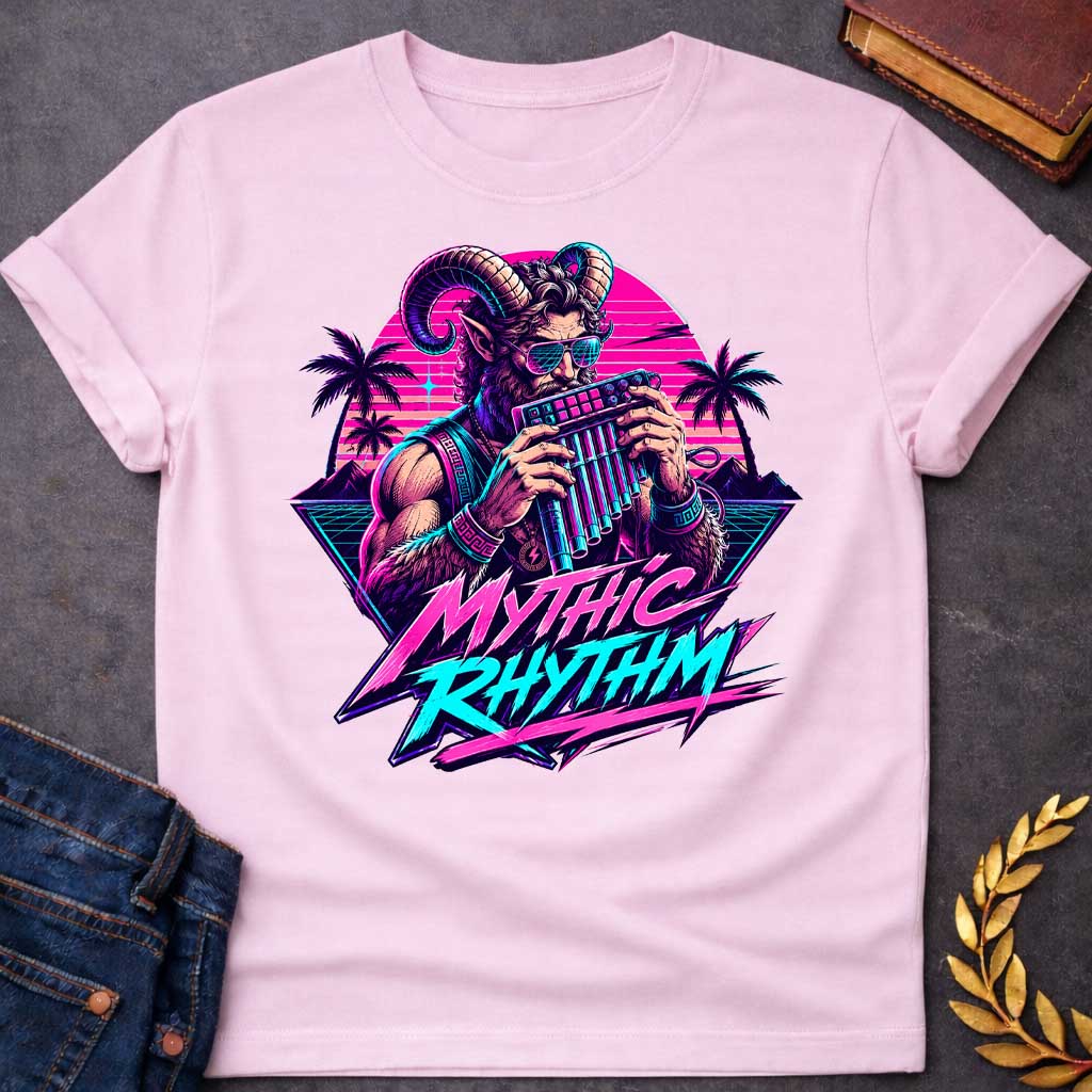 Light Pink T-shirt with a Vaporwave-style illustration of a satyr in neon magenta and cyan, holding a pan flute and modern music production keyboard. The bearded figure wears sunglasses with gradient frames and ornamental bracelets with Greek key patterns. Framed by tropical palm trees and geometric mountains with scan line effects. Text reads 'MYTHIC RHYTHM' in bold magenta and cyan lettering with zigzag effects. Blends classical Greek mythology with modern electronic music culture and retro digital aesthe