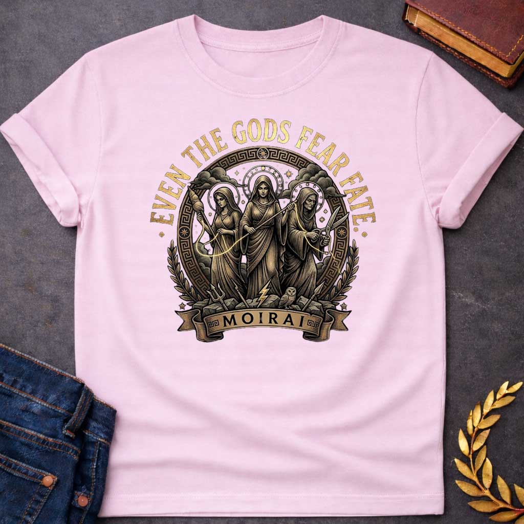 Light Pink T-shirt graphic featuring a detailed vintage engraving-style circular badge design in gold and dark brown tones. Three robed figures representing the Moirai, the Greek Fates, stand together at the center — the first holding a spindle and thread, the middle holding a measuring rod with a lightning bolt at her feet, and the eldest holding scissors poised to cut — with an owl perched below them, framed by a Greek meander border, laurel branches, and divine halos. Gold distressed text arches above re