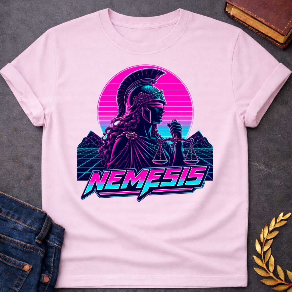 Light Pink T-shirt with a vaporwave-style retro illustration of Nemesis, the Greek goddess of divine retribution, rendered in neon magenta, cyan, and purple. She wears a crested Corinthian helmet and flowing robes, holding scales of justice. Behind her, a geometric sun with horizontal gradient stripes in pink and blue. Stylized mountains and grid landscape below. Bold neon text reads 'NEMESIS' in futuristic lettering. 1980s synthwave aesthetic celebrating the goddess of  balance and justice.