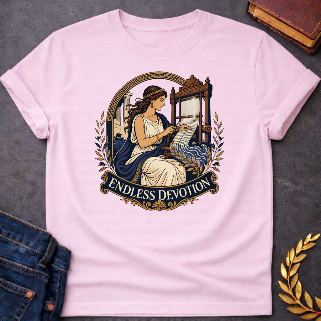 Light Pink T-Shirt with a classical illustration of Penelope from Greek mythology, seated at an ornate wooden loom, weaving. She wears a cream chiton with navy blue drape and a golden laurel crown, with long wavy brown hair. Behind her, a Greek temple column and ship at sea are visible. The scene is framed by a Greek key pattern arch and olive branches. An ornate banner below reads 'ENDLESS DEVOTION.' Rich colors of navy, cream, gold, and brown depict Penelope's faithful waiting for Odysseus' return.