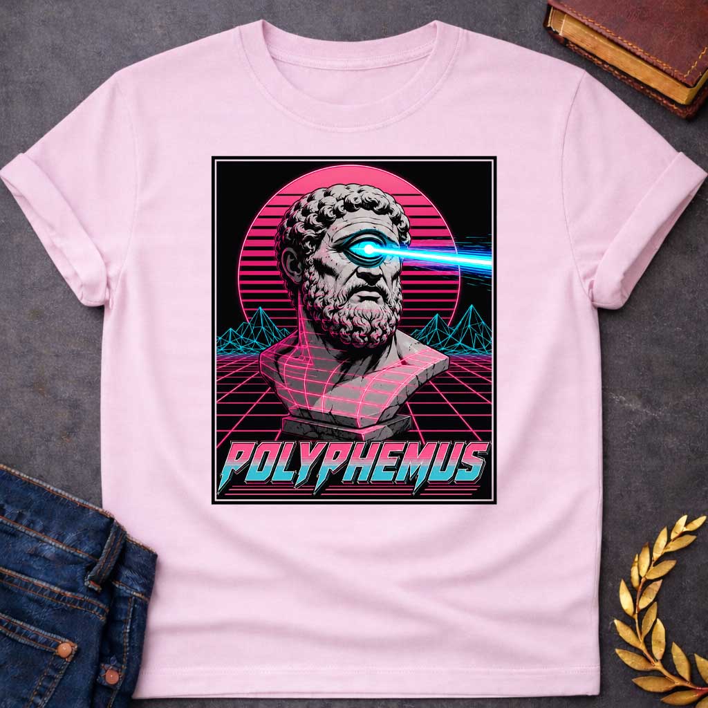 Light Pink T-shirt with a Vaporwave-style illustration of Polyphemus, the Cyclops from Greek mythology. A classical bust with curly beard displays a single large eye shooting a bright cyan laser beam. Magenta and cyan neon color palette with horizontal scan lines. Geometric wireframe mountains and grid floor pattern create a retro digital landscape. Pink sun rises behind the figure. Text reads 'POLYPHEMUS' in stylized magenta and cyan lettering. Blends classical mythology with synthwave aesthetic.
