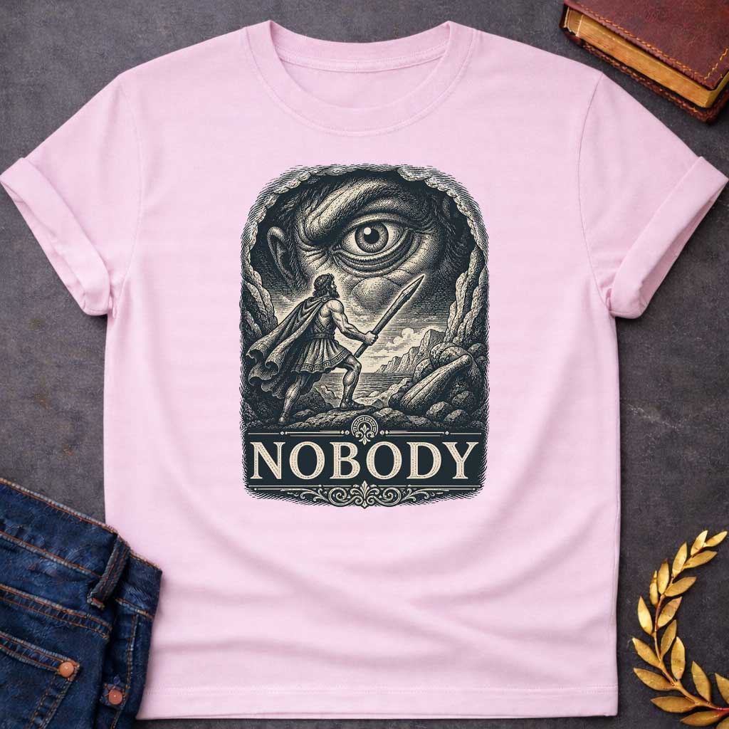 Light Pink T-Shirt with a Vintage engraving illustration of Odysseus confronting Polyphemus the Cyclops. A Greek warrior in armor wields a wooden stake, facing an enormous eye that dominates the composition. The scene is rendered in intricate crosshatching with cream and dark blue-black tones. At the bottom, ornate typography spells 'NOBODY' in classical serif letters, referencing Odysseus's famous trick of calling himself 'Nobody' to escape the Cyclops. 