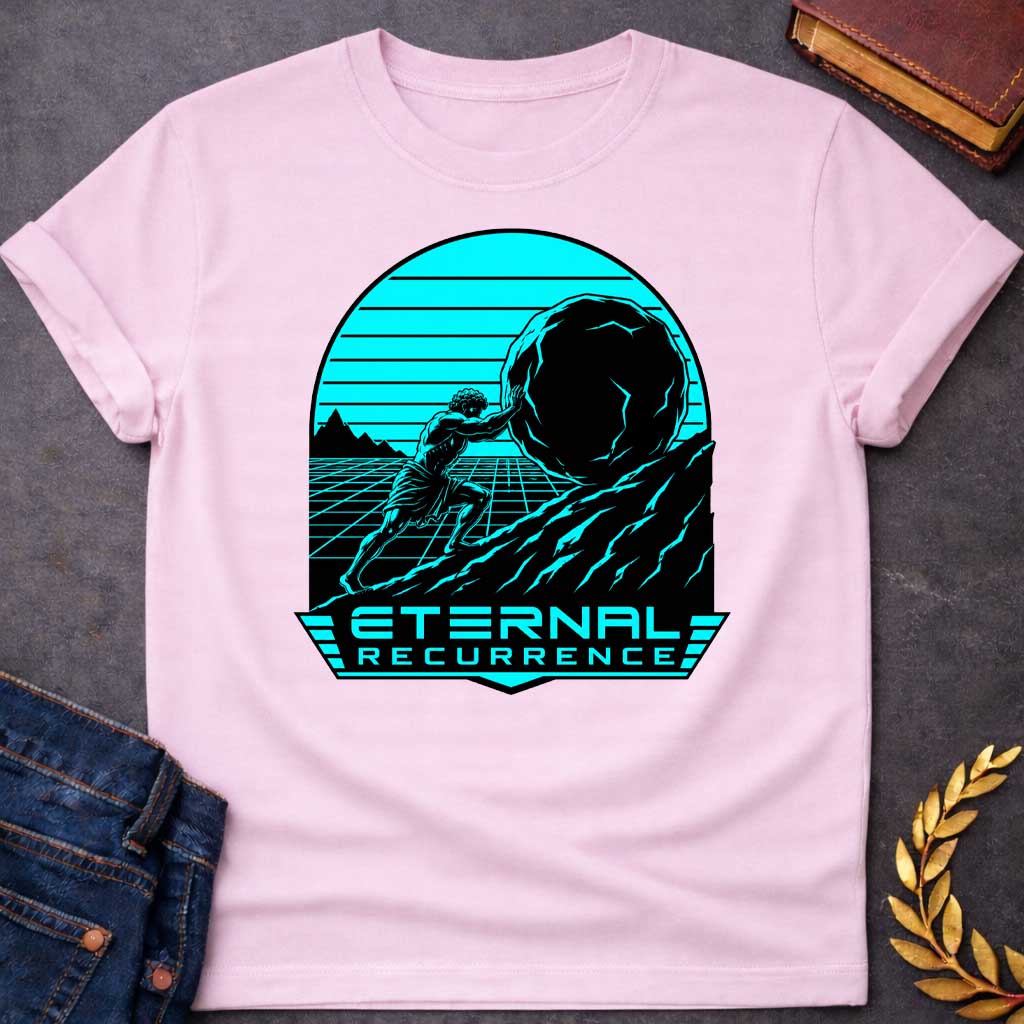 Light Pink T-Shirt with a stylized, synthwave-inspired graphic design.  The illustration features a muscular figure representing Sisyphus pushing a large boulder up a rocky hill. The background is a cyan-colored grid landscape with a setting sun, typical of 1980s retro aesthetics, all contained within an arched frame. Below the illustration, in a futuristic, bold cyan font, is the text "ETERNAL RECURRENCE,"