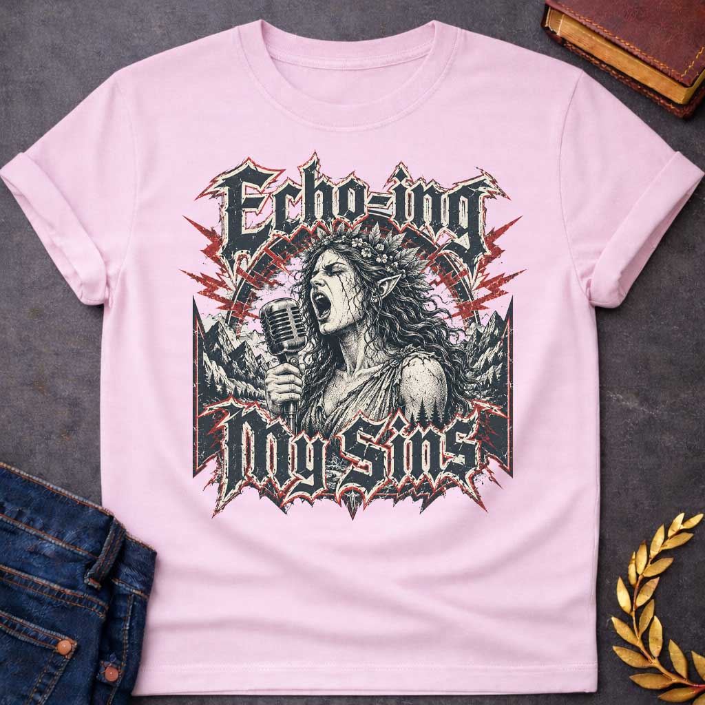 Light Pink T-shirt with a Heavy metal band aesthetic featuring Echo from Greek mythology as a powerful vocalist. A woman with long wavy hair and leaf crown holds a vintage microphone, singing passionately. Black and white engraving style with red lightning accents. Dark mountainous landscape frames the scene. Text reads 'ECHO-ING MY SINS' in aggressive metal lettering with spiky ornamental borders. Clever wordplay combines the mythological nymph with modern rock rebellion and vocal empowerment.