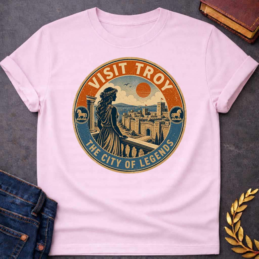 Light Pink T-shirt with a vintage, distressed travel-badge style design. A woman in a Greek dress stands on a balcony, looking out at the walled city of Troy, the sea, and a setting orange sun. The circular logo has a textured cream, orange, and blue color palette. The top border reads "VISIT TROY" and the bottom reads "THE CITY OF LEGENDS." Small circular icons featuring the Trojan Horse accent both sides of the frame.