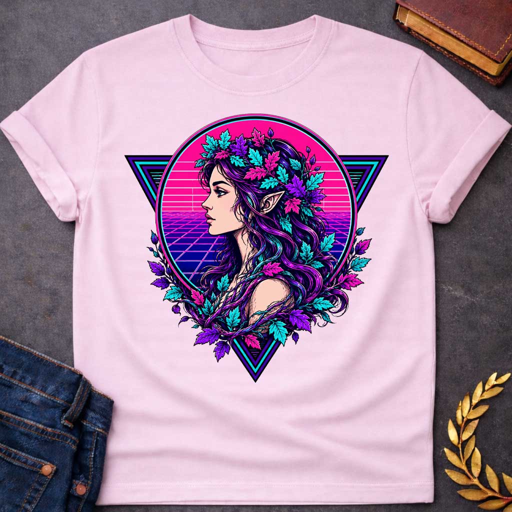 Light Pink T-shirt with a vibrant 1980s synthwave-style graphic. A stylized dryad silhouette emerges from a geometric wireframe tree, set against a glowing neon pink and cyan sun. The background features a classic retrowave perspective grid and retro palm tree outlines. The vivid color palette combines neon pinks, purples, and electric blues for a retro-futuristic, nostalgic, and high-contrast summer aesthetic.