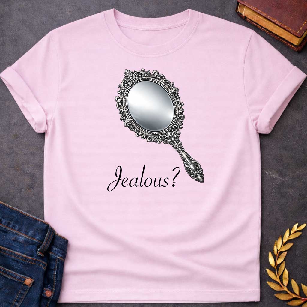 Light Pink T-shirt graphic featuring an ornate silver hand mirror with an oval reflective face, decorated with intricate baroque-style scrollwork, floral motifs, and beaded detailing along the frame and handle, set against a solid black background. Associated with Aphrodite, Greek Mythology Goddess of Love