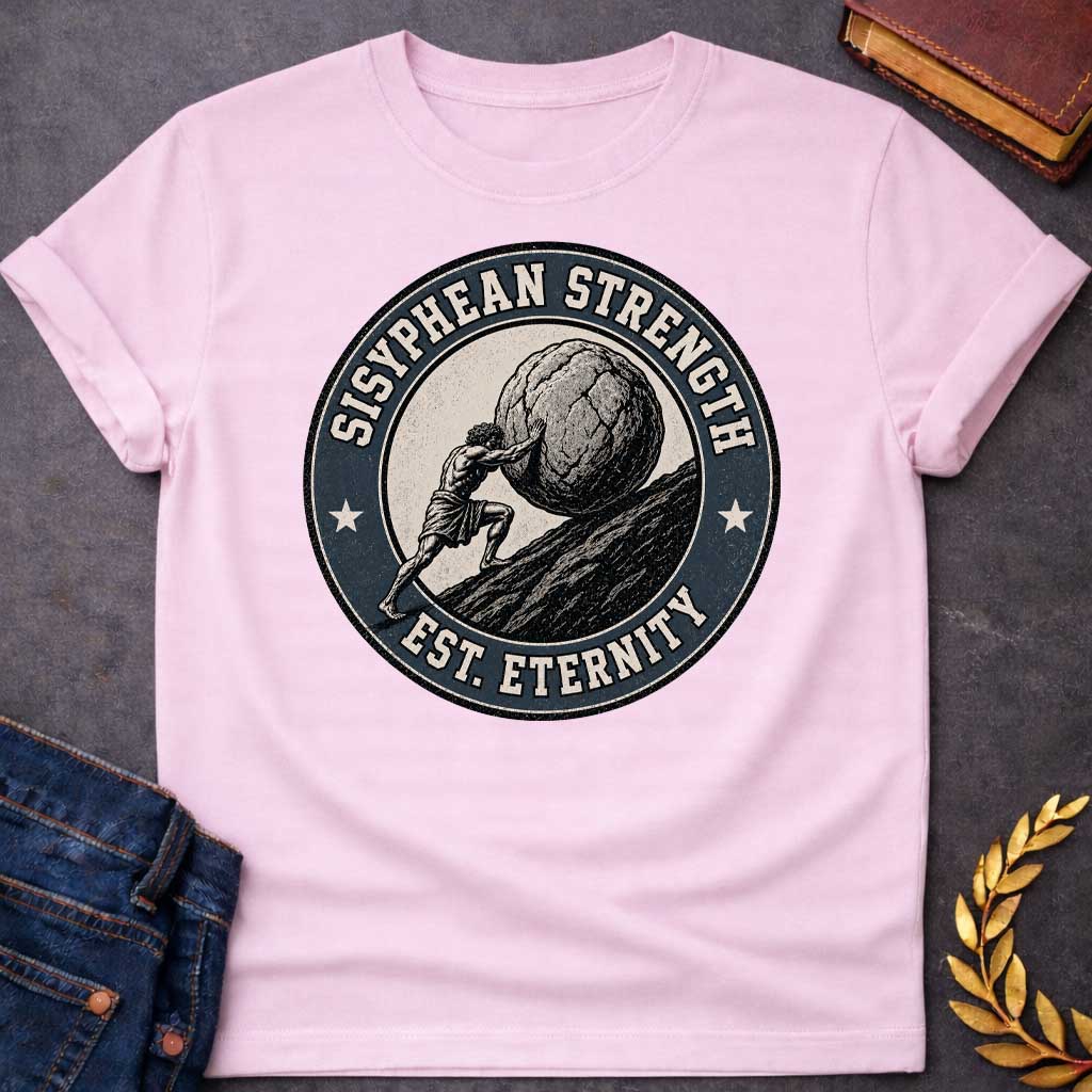 Light Pink T-Shirt with a circular, vintage-style badge design.  The illustration features a woodcut-style depiction of Sisyphus pushing a massive boulder up a steep, rocky hill. Encircling the artwork is a dark blue, textured border with the text "SISYPHEAN STRENGTH" arched at the top and "EST. ETERNITY" at the bottom, accented by a small white star on either side