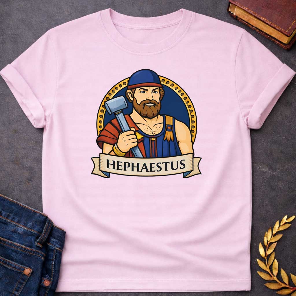 Light Pink T-shirt graphic featuring a vibrant illustrated portrait of Hephaestus, the Greek God of the Forge, depicted as a muscular bearded man with a full red-brown beard, wearing a blue workman's tunic with gold suspenders and a blue cap with a red brim, holding a large silver smith's hammer over his shoulder with soot marks on his chest. He is framed within a gold circular border against a navy background, with a scroll banner below reading "Hephaestus," in a bold tattoo-inspired style with navy, gold,