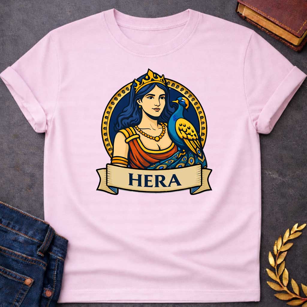 Light Pink T-shirt graphic featuring a vibrant illustrated portrait of Hera, the Greek Queen of the Gods, with long dark blue wavy hair and a gold crown, wearing a red draped robe with gold arm bands and a gold beaded necklace, with a blue and gold peacock perched at her side displaying its ornate tail feathers. She is framed within a gold circular border against a navy background, with a scroll banner below reading "Hera," in a bold tattoo-inspired style with navy, gold, and red tones