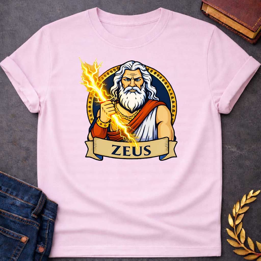 Light Pink T-shirt graphic featuring a vibrant illustrated portrait of Zeus, the Greek King of the Gods, as a powerful older man with long wavy white hair and a full white beard, piercing blue eyes, wearing a white draped robe with a red sash and a gold chain necklace and bracelet, wielding a crackling golden lightning bolt. He is framed within a gold circular border against a navy background, with a scroll banner below reading "Zeus," in a bold tattoo-inspired style with navy, gold, and white tones