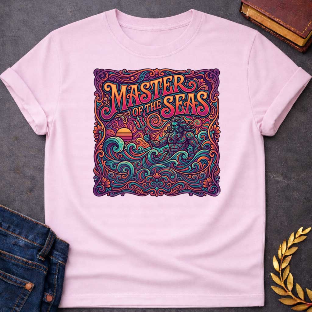 Light Pink T-shirt graphic featuring a vibrant psychedelic 1970s-inspired illustration of Poseidon, the Greek God of the Sea, rising from swirling ornate waves while holding a trident, with a retro sunset on the left, all enclosed in an intricate decorative scrollwork and floral border. Bold groovy hand-lettered text arched across the top reads "Master of the Seas" in orange and teal, rendered in a rich kaleidoscopic palette of teal, orange, purple, and pink